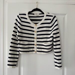 Jessica Simpson Striped Knit Cropped Cardigan - navy & Black with gold buttons